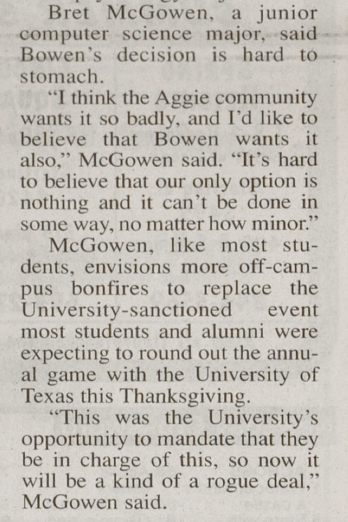 Bret McGowen quoted in the Battalion TAMU student newspaper