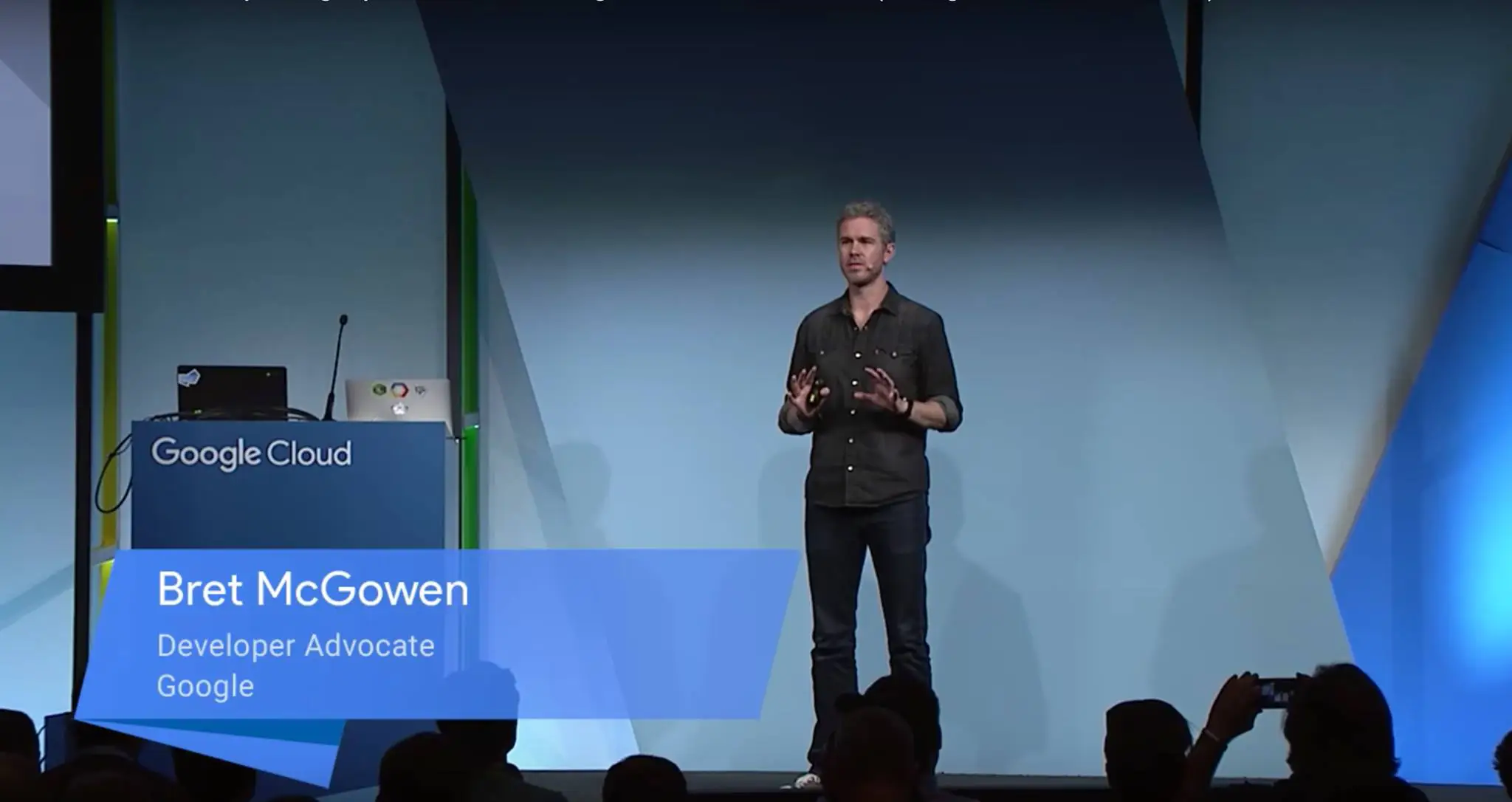 Bret McGowen onstage at a Google Cloud conference in London