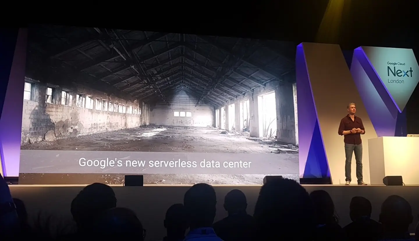 Bret McGowen behind the podium talking about serverless on Google Cloud