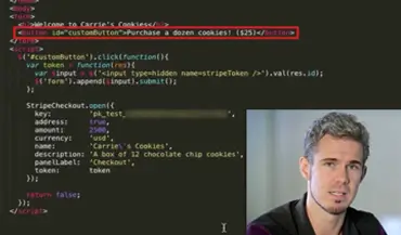 Bret McGowen in front of HTML and Javascript code that implements Stripe